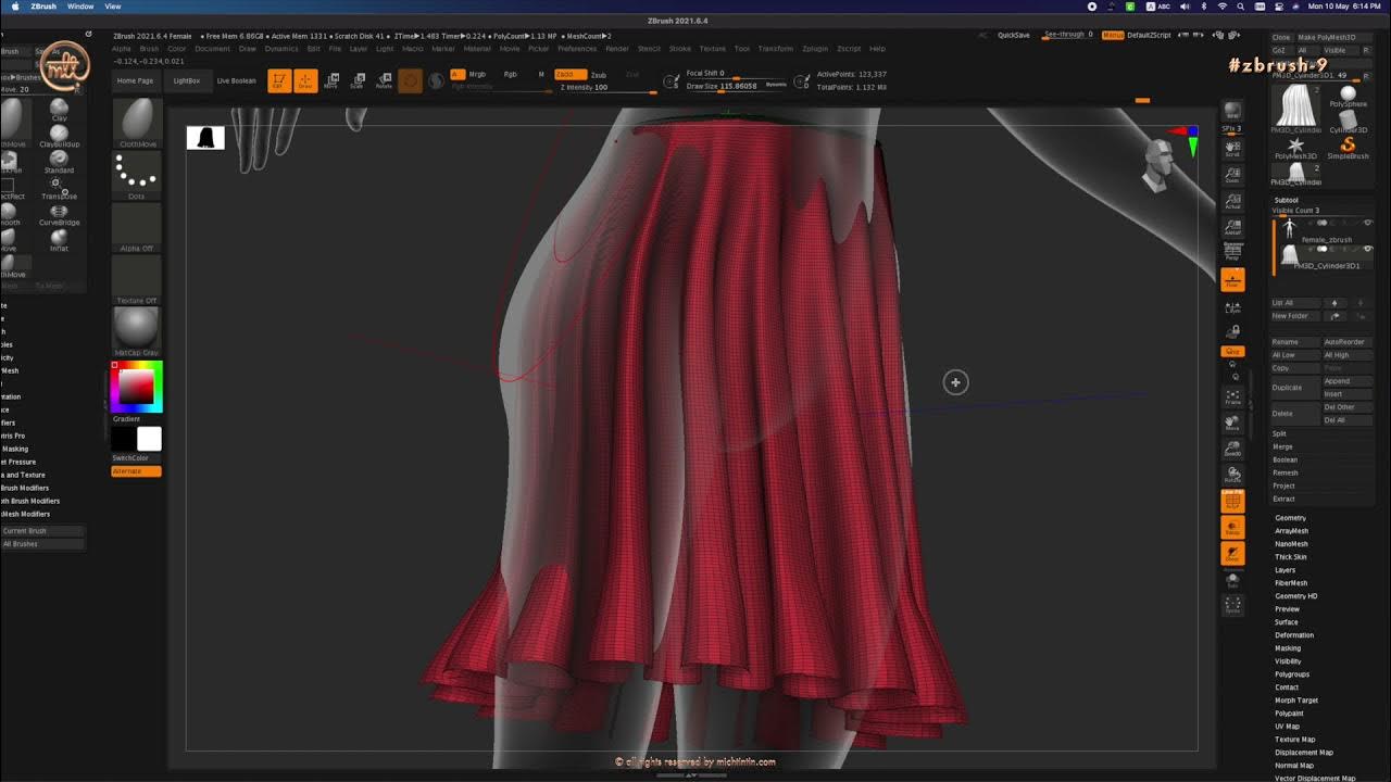 ZB_9.17 Zbrush Moving skirt polygons with ClothMove and Move brush