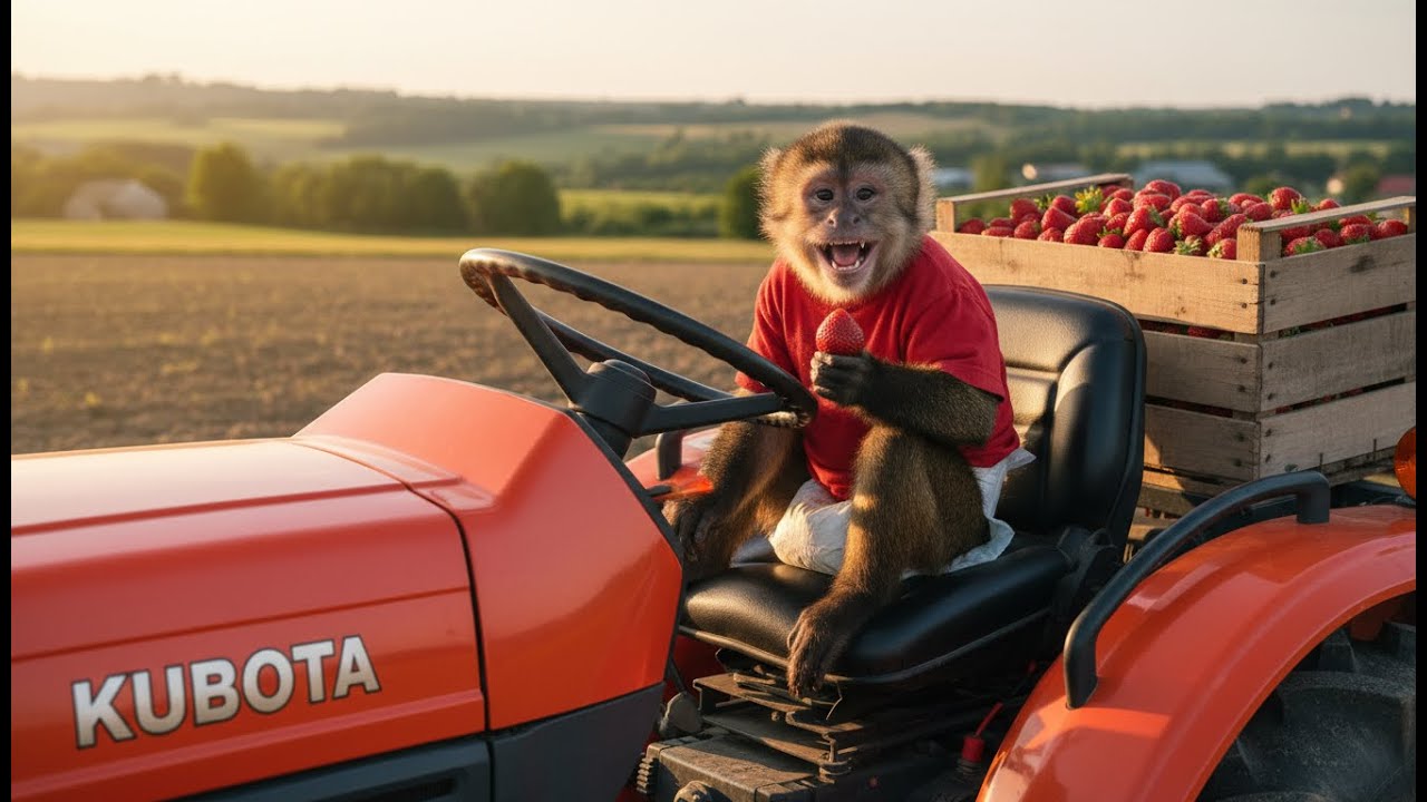 Monkey Rubi Harvests Strawberries on the Farm 🍓 | A Heartwarming Kubota Tractor Adventure 🚜🐵”