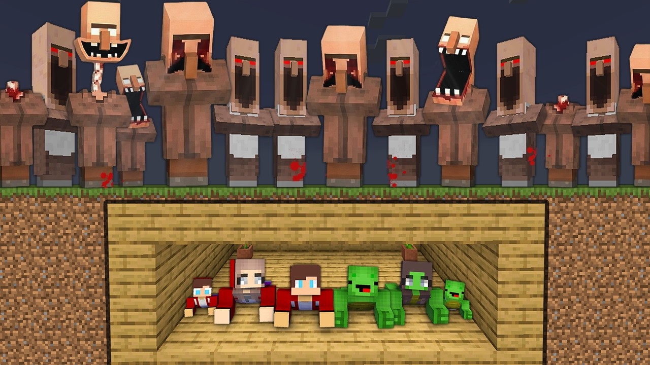 JJ and Mikey Family Secret Bunker vs Scary Villagers Battle in Minecraft