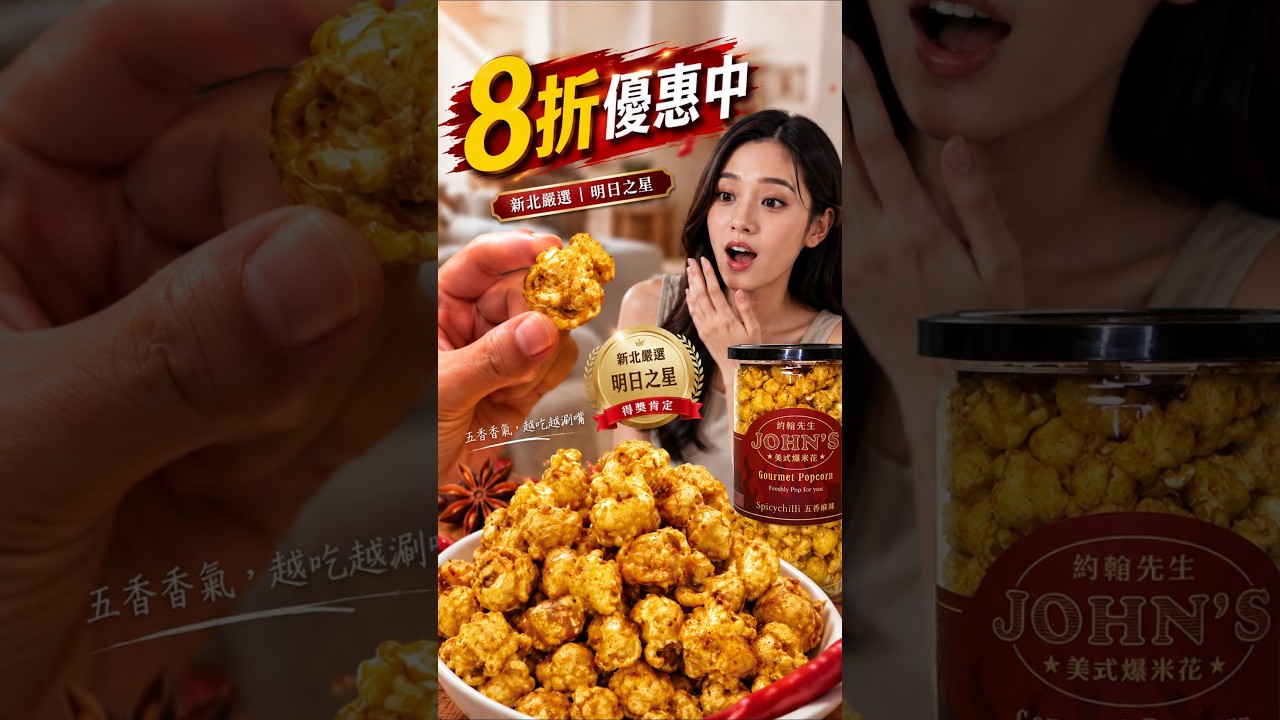 全系列爆米花 8 折優惠中！隨意留言，小編傳折扣連結給你～👇#約翰先生爆米花 #五香麻辣爆米花 #爆米花優惠 #新北嚴選 #辦公室零食