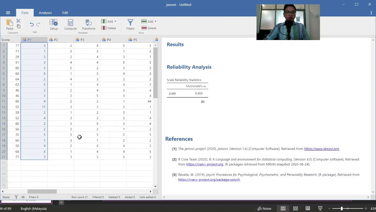 Reliability (McDonald Omega) using JAMOVI