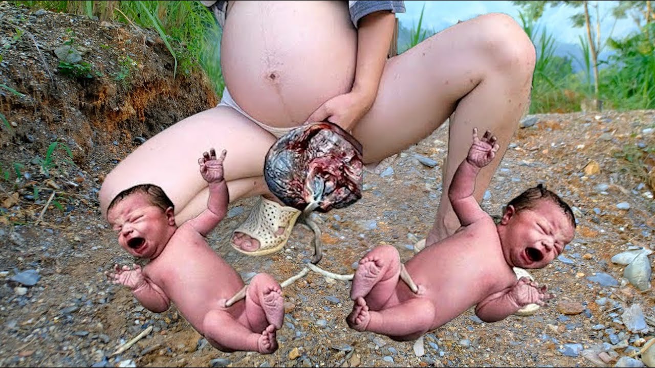 Pregnant woman about to give birth - Making spring rolls from pork and vegetables