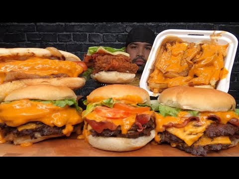(ASMR NO TALKING) TRIPLE CHEESE BACON BURGERS, CHEESY POUTINE, CHEDDAR HOT DOG, CHICKEN BACON RANCH