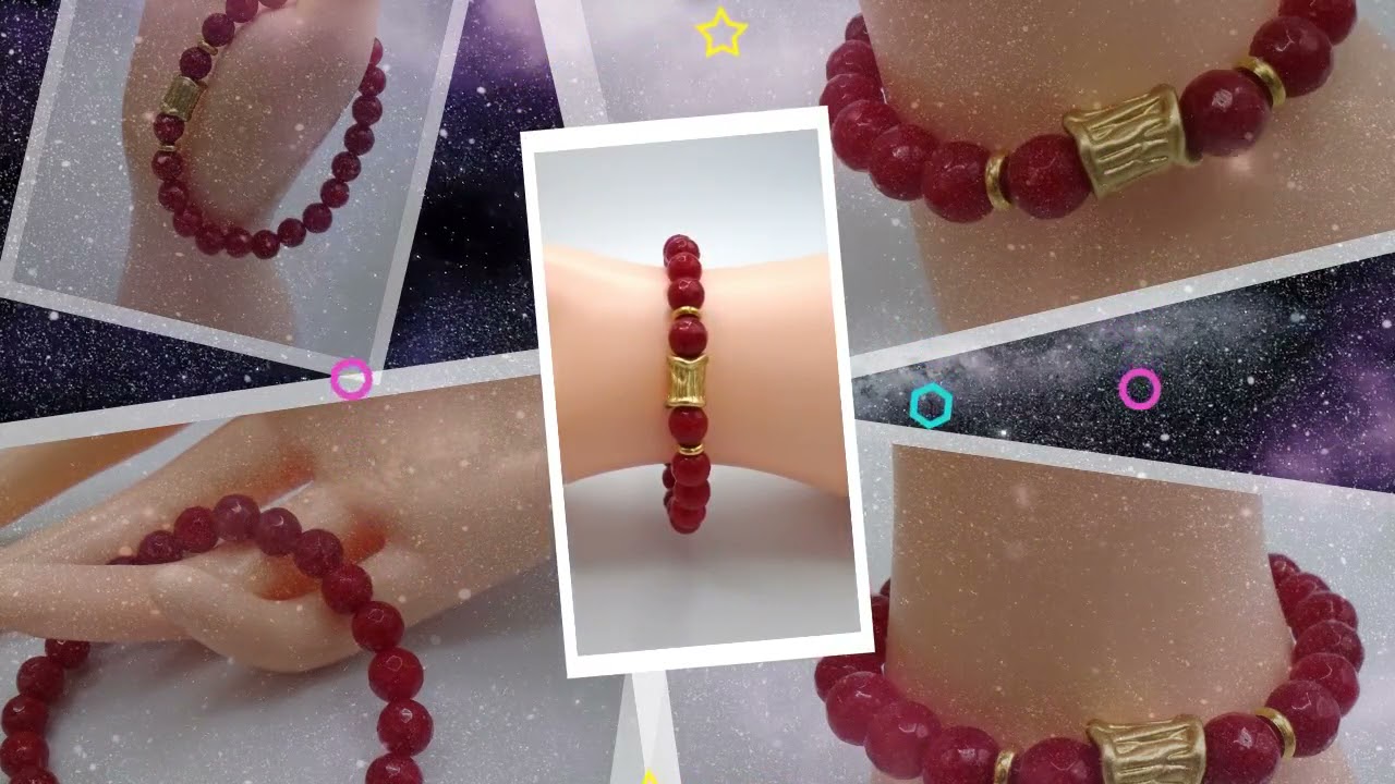 RED JADE Beaded Bracelet Red Jade Gold Stretch Bracelet
