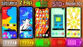 Samsung Galaxy S20 Ultra vs iPhone 11 Pro MAX vs Z Flip vs S10+ vs Note Plus - Battery Drain Test!