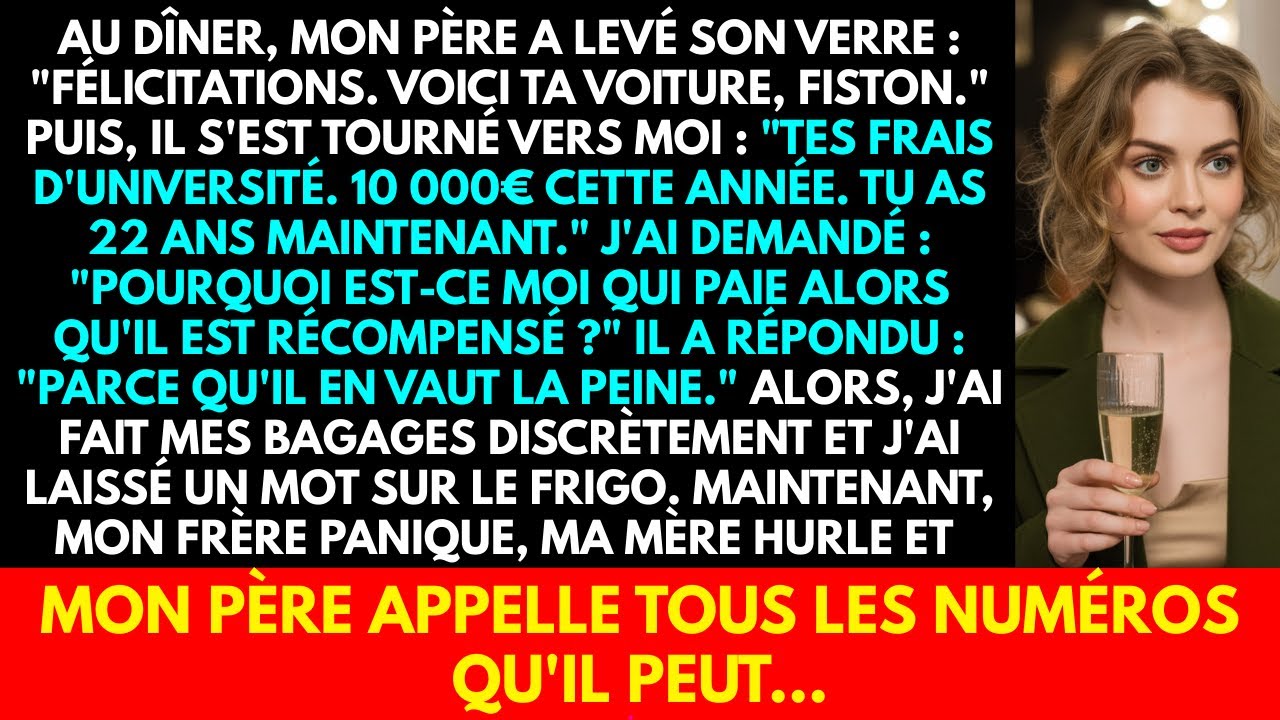 AU DÎNER, MON PÈRE A LEVÉ SON VERRE : FÉLICITATIONS. VOICI TA VOITURE, FISTON.
