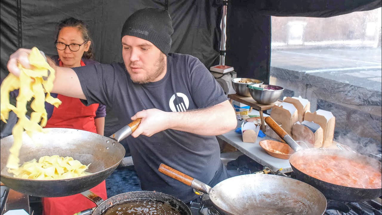Spicy Meatballs and Italian Fettuccine Pasta. London Street Food