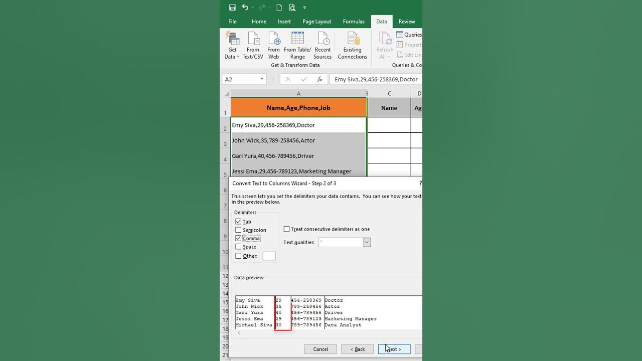 Text to column in excel by separating comma youtube