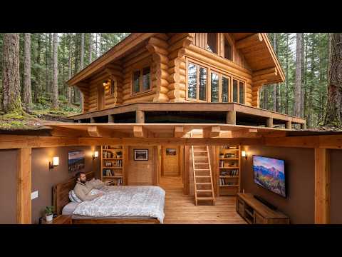 Old Man Built a Giant Log House in the Forest with a Hidden 2-Bedroom Basement in 2 Years
