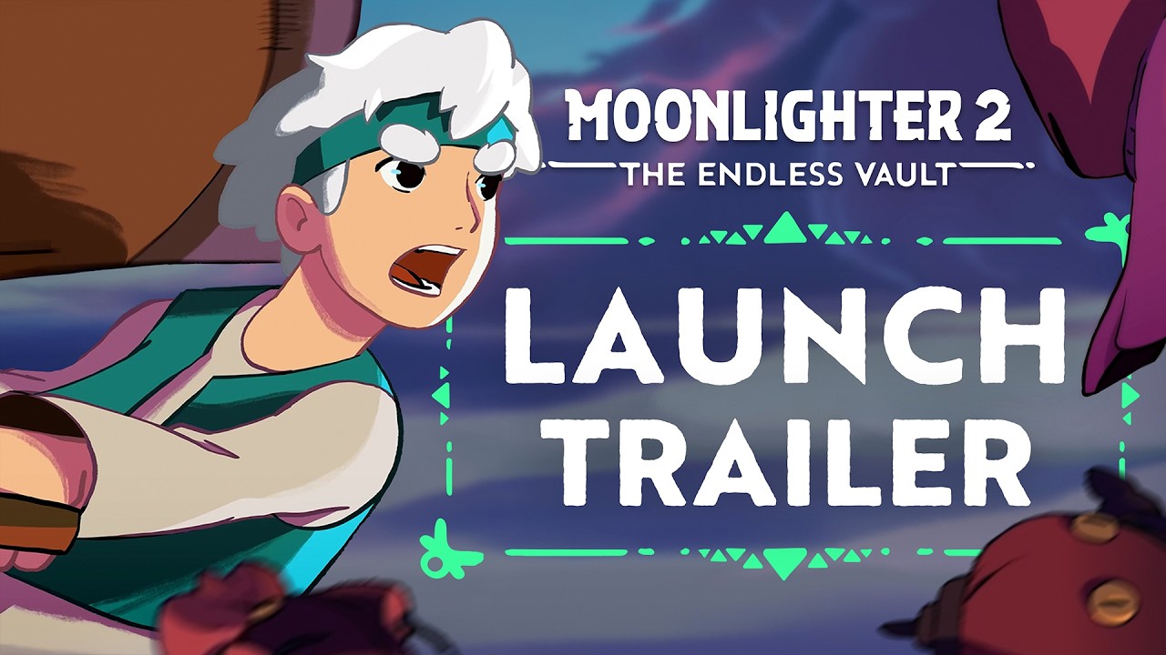 Official launch-trailer thumbnail: Will shouting beside Moonlighter 2 Launch Trailer lettering.
