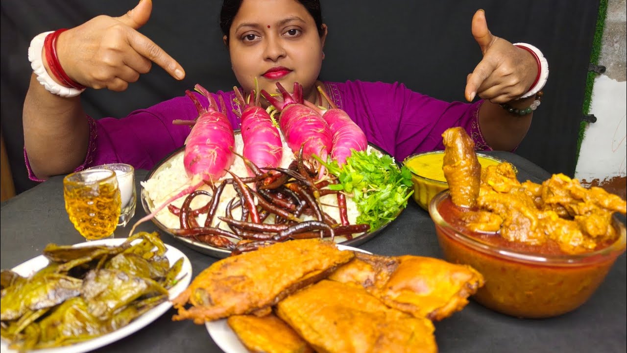 ASMR RICE MURI GHUNTU SPICY MULA BHORTA SIM VAJA SPICY DESI CHICKEN CURRY BAGUNI EATING 