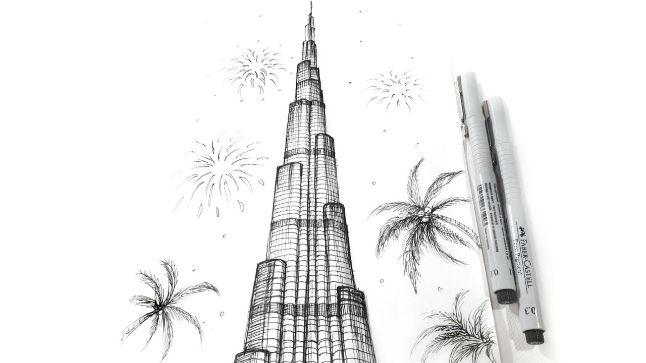 Hand drawn sketch with watercolor elements of Burj Khalifa tallest  stock  vector 145874  Crushpixel