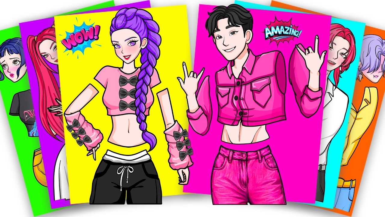 PINK COUPLE HUNTRIX RUMI and JINU SAJA BOYS - KPOP DEMON HUNTERS | Sticker Book DIY