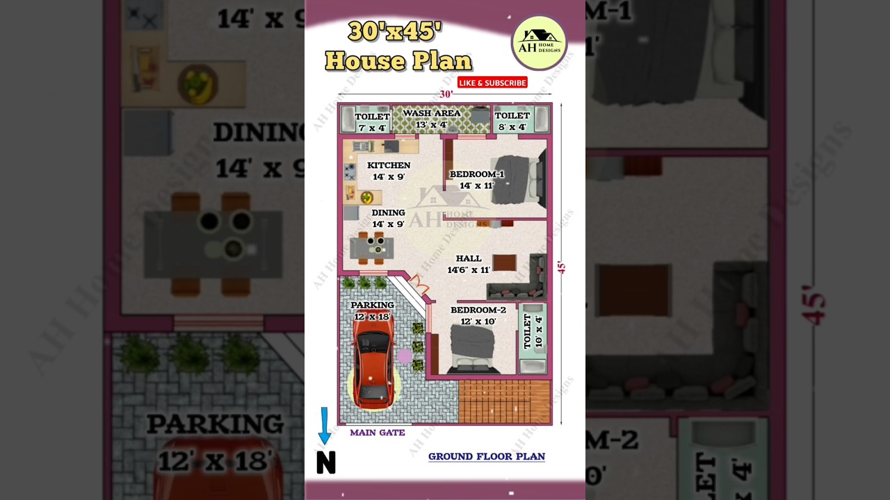 30'x45' House Plan, 2bhk with Car Parking, 30*45 North Facing House Plan, 