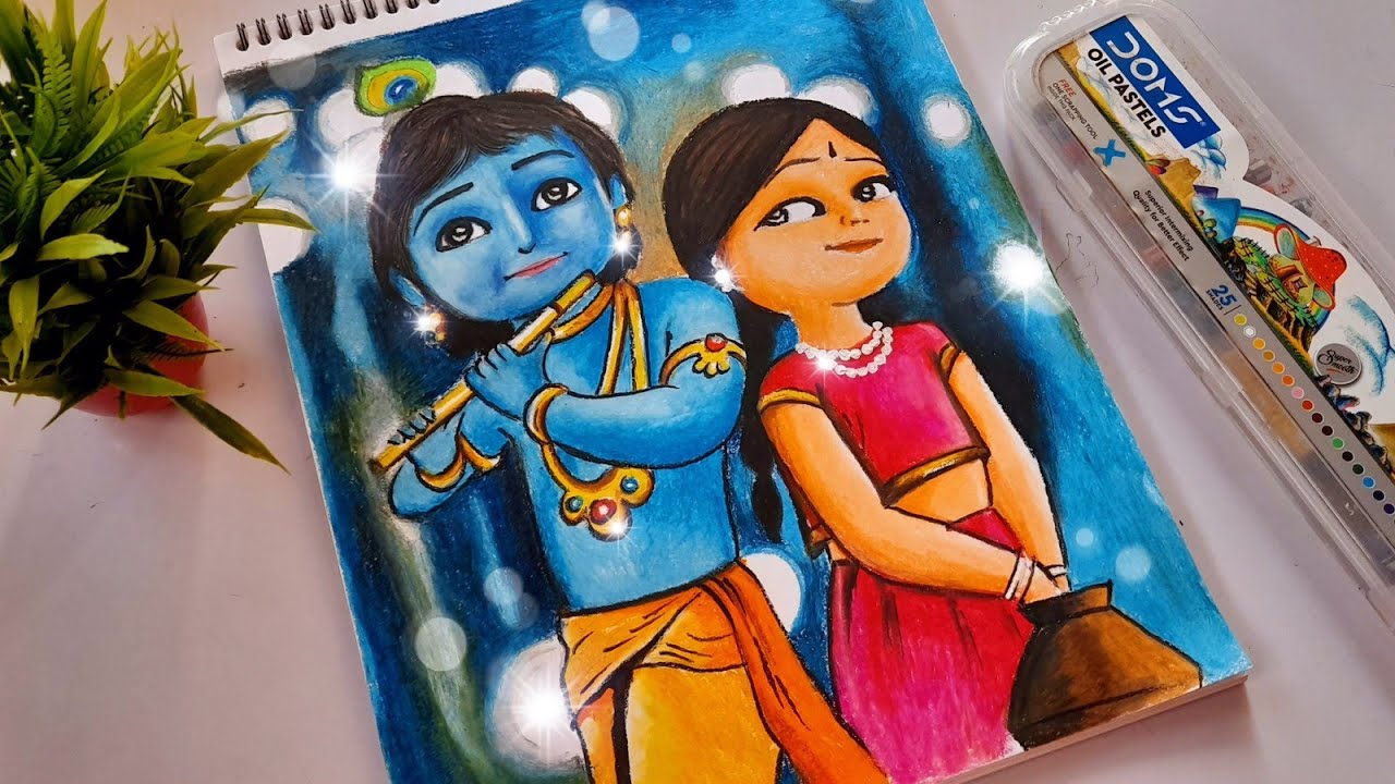 Part 2- Cute little radha krishna drawing with oil pastel, Radha ...