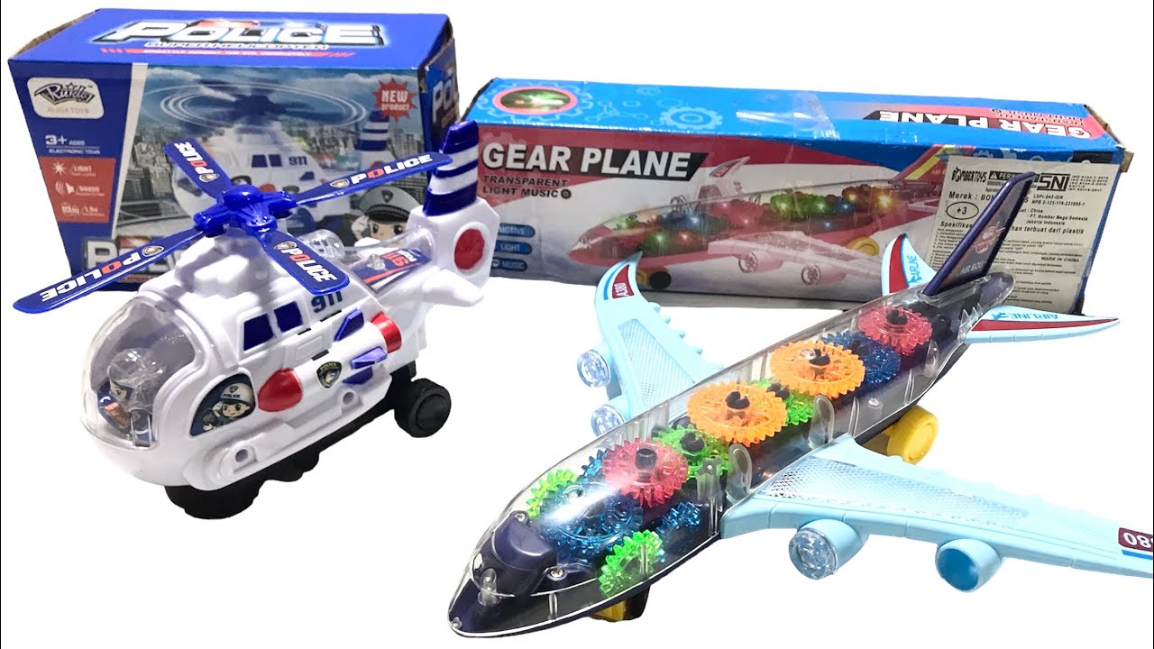 Unboxing Mainan Pesawat Terbang Gear Plane Transparent Dan Helicopter Police