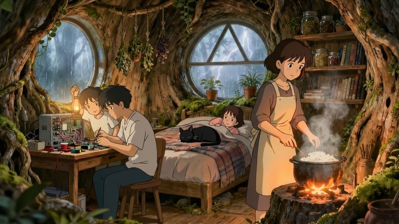 Cozy Treehouse Power Outage (Candlelight, Warm Rice, Quiet Family) | Ghibli-Style ASMR