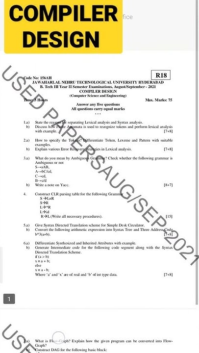 Compiler Design (3-2) R18 JNTUH Previous Year Question Paper Aug|Sep ...