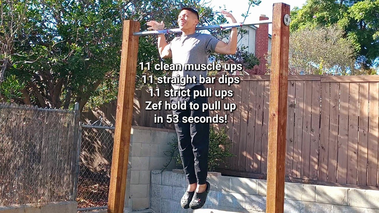 11 clean muscle ups to 11 bar dips to 11 pull ups to Zef hold to pull ...