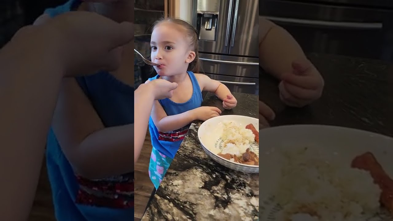 CUTE 3 YEAR OLD GIRL EATING WHITE RICE AND CHICKEN ADOBO Shorts Whiterice Toddler