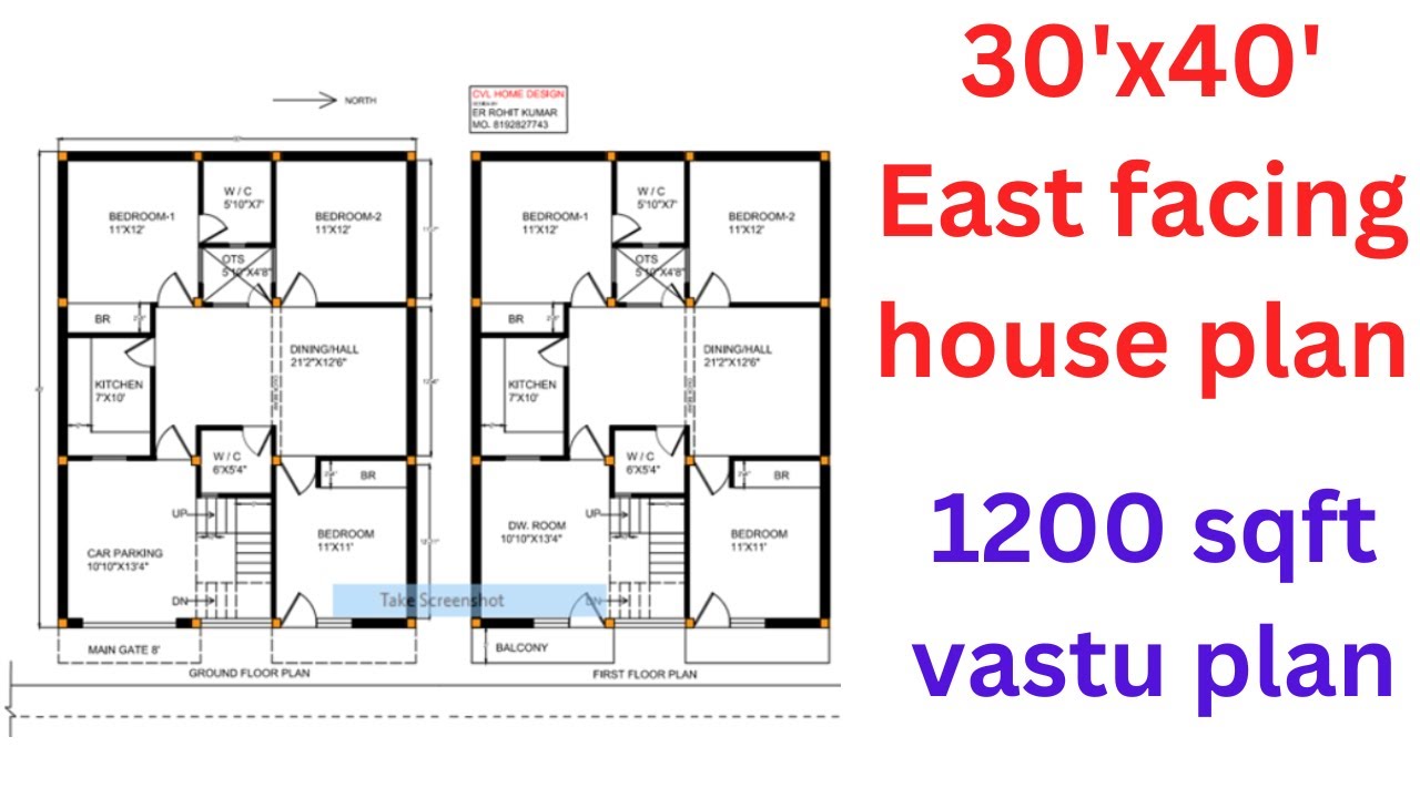 30'x40' East facing house plan / 30×40 house design duplex / 1200 sqft ...