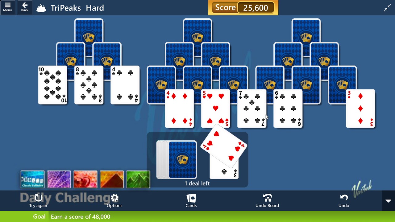 microsoft solitaire star club classic tripeaks hard