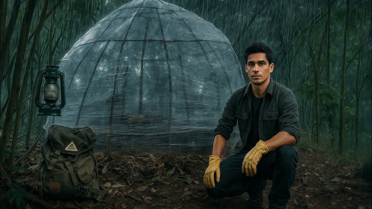 Surviving Strong Winds in the Forest: Building a Dome Bushcraft Shelter from plastic wrap