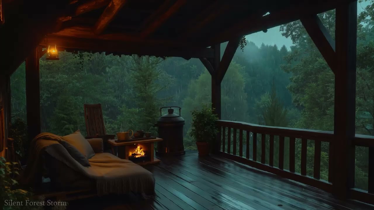 Deep Forest Balcony 🌧️ Soft Rain and Warm Fire Ambience for Sleep, Focus & Relaxation