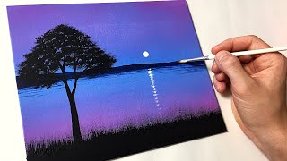 Easy Night Sky Lake for Beginners | Acrylic Painting Tutorial Step by Step
