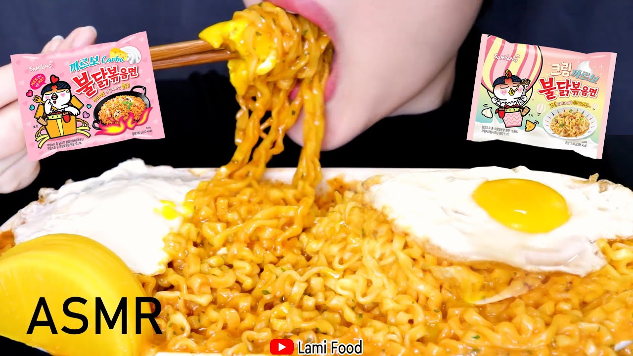 咀嚼音 | クリームプルダックポックンミョン & カルボブルタクポックンミョン| CREAM SPICY CHICKEN NOODLES ASMR  | 音フェチに 食べ物