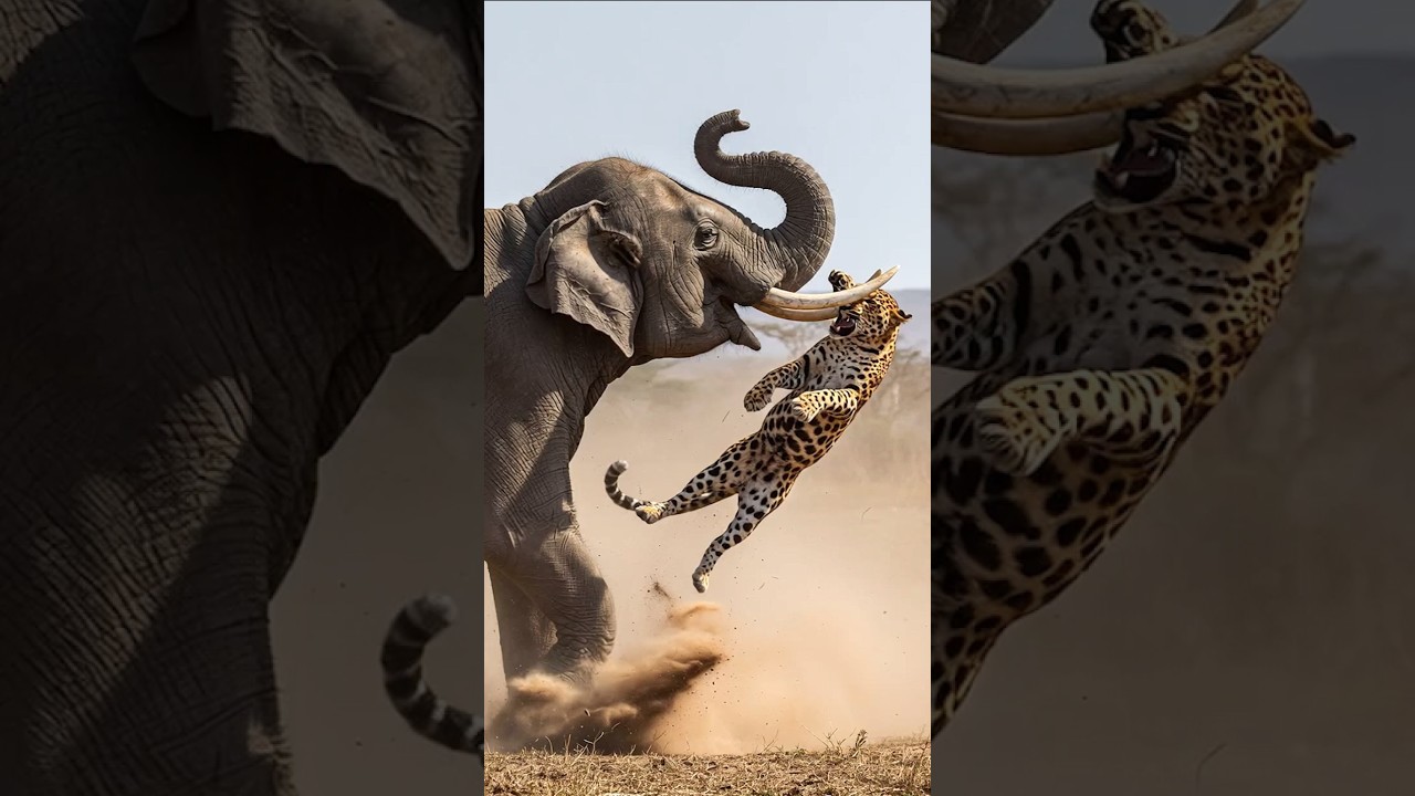 Elephant Launches Leopard in Wild Savannah Battle! | AI-Generated