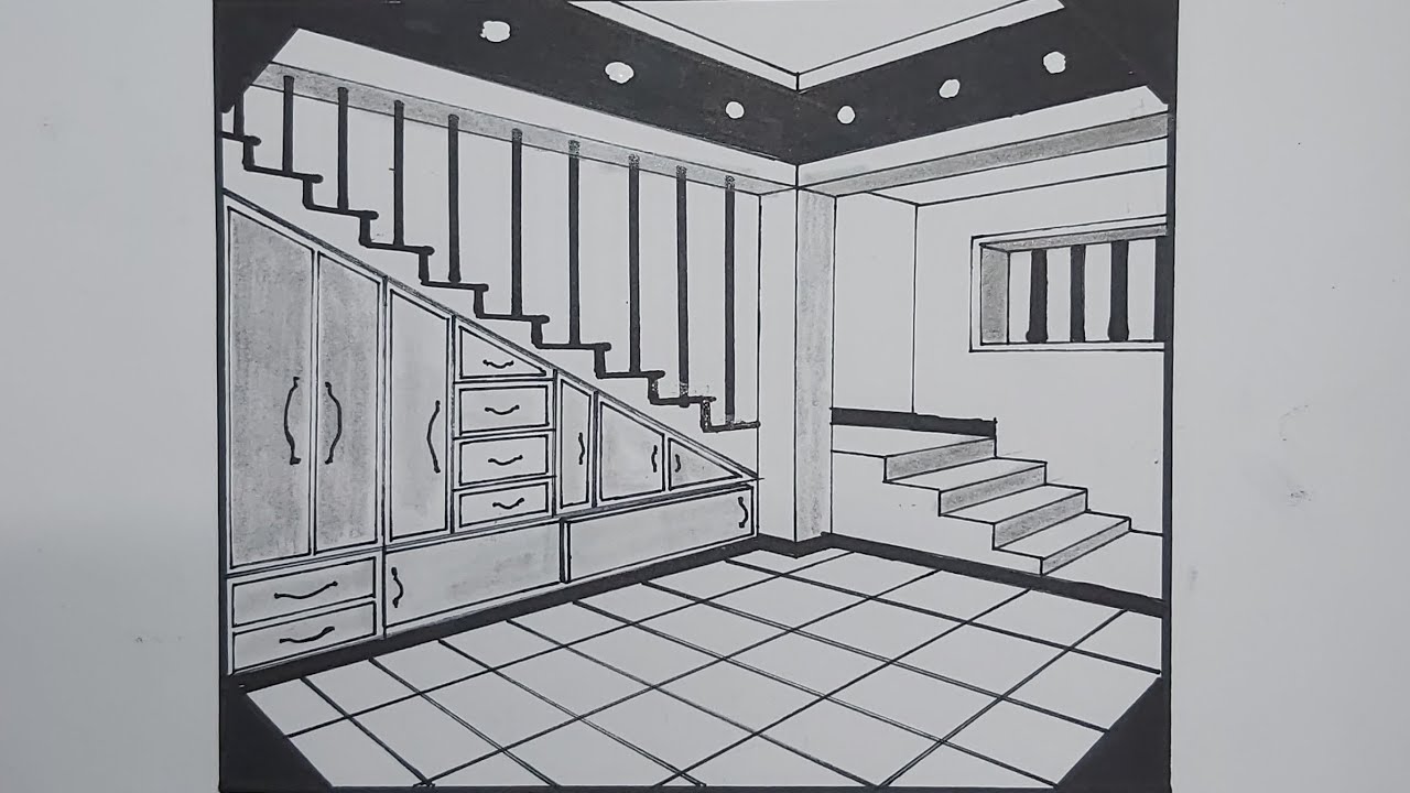 How to draw stairs and cabinets in two point perspective