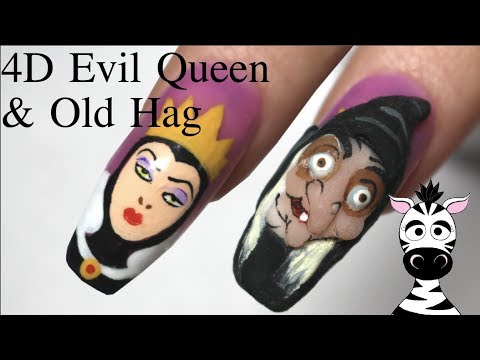4D Evil Queen and Old Lady Acrylic Nail Art Tutorial | 3D Disney