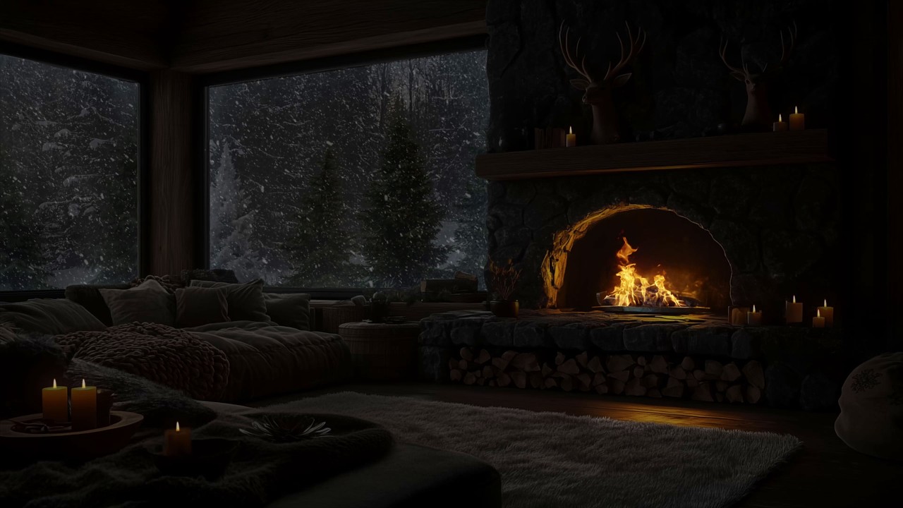 Cozy Snowy Forest Cabin with Warm Fireplace Glow and Quiet Winter Atmosphere for Restful Sleep