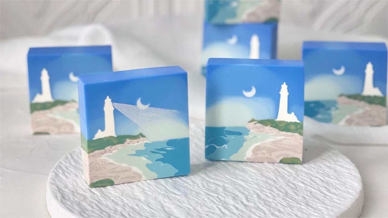 蔚藍的燈塔風景皂🐋超解壓製作過程，仿佛已經聽到海浪聲~~Cold Process Soap【Xinsoap】