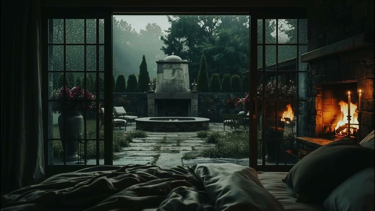 Dark Silk Night Bedroom | Stormy Night & Fireplace | Focus & Relax (6 Hours)