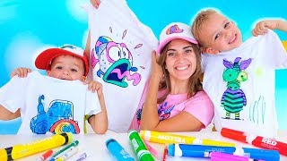 Vlad, Nikita and Mom paint T-shirts and caps! 3 Marker Challenge