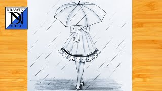 How to draw a girl with umbrella rainy season | Pencil sketch for beginner | Simple drawing