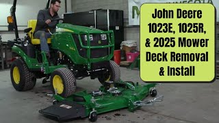 john deere 1023e, 1025r, & 2025 mower deck removal & installation tutorial by minnesota equipment