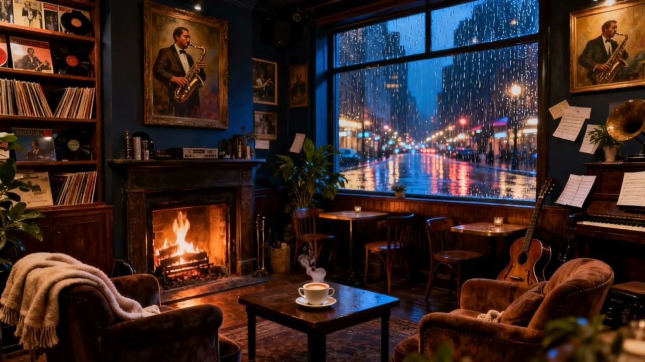 Study Soft Jazz in a Rain-Streaked Midnight for Work Environment...
