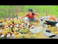 Women Help baby Duck in forest - Fried egg Duck for dog Eating delicious HD