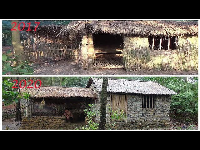 Primitive Life:Hut,iron,oven,knife,stone house-4 year in forest! class=