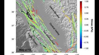 This animation shows how the stress on california's various seismic
faults changes as mass of mountain snow and surface water are
redistributed by season...