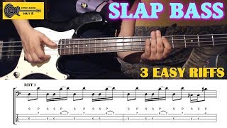 SLAP BASS Riffs For Beginners - 3 Easy Slap Bass Lines Riffs - BASS LESSON TUTORIAL with TABS