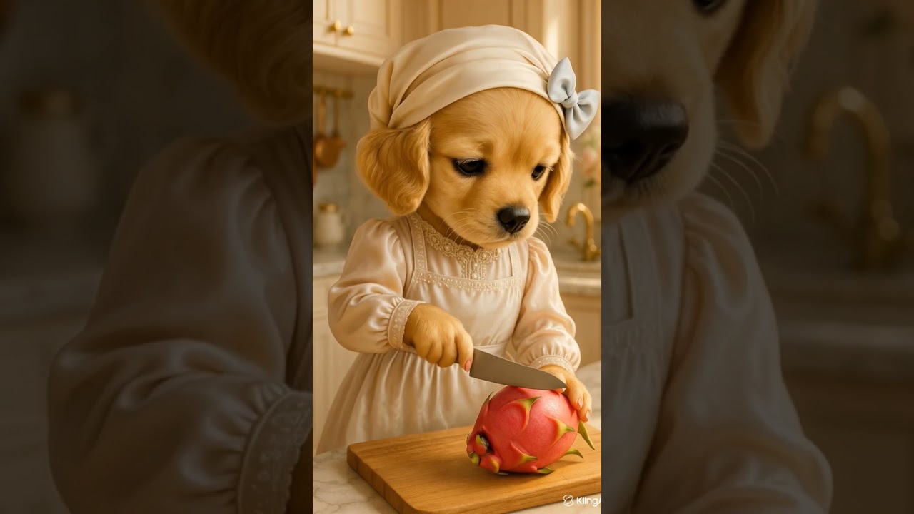 Dog cutting dragon fruit 