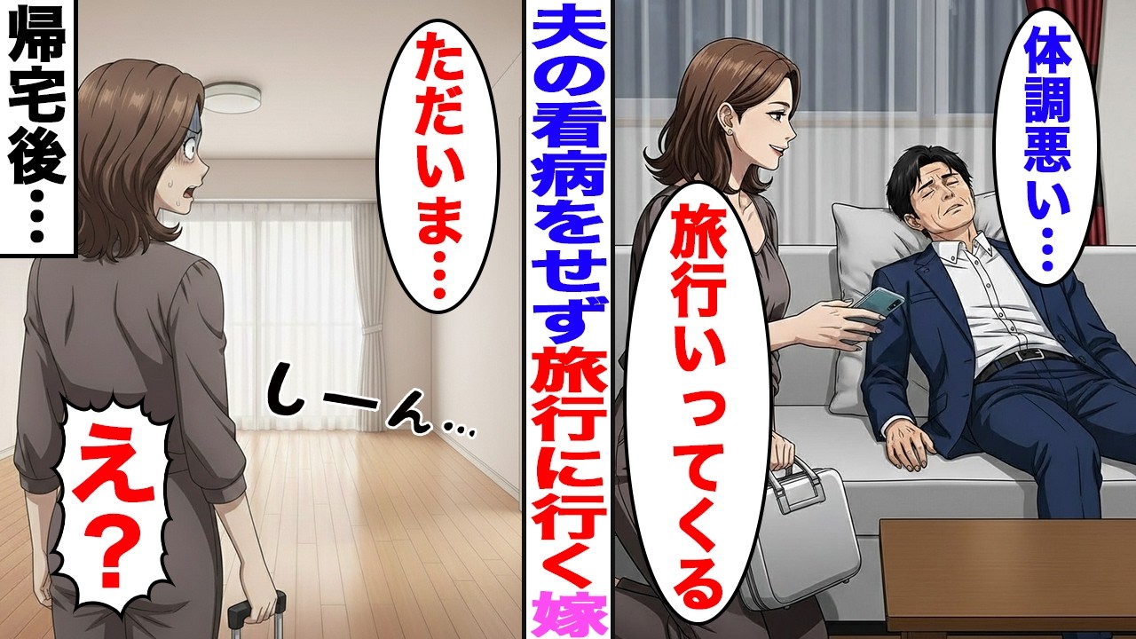 【漫画】寝込んでいる夫の看病をせずに旅行へ行く嫁→帰宅後、家はもぬけの殻に…【スカッと】【ママスカ】