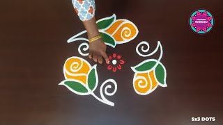 Simple Rose Flower Rangoli | 7x4 dots Easy Daily Kolam | Chukkala Muggulu | Small Rose Rangoli