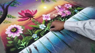 Flower Sunset Scenery Rangoli🙏 3D | Special colour shading | Poster Rangoli |