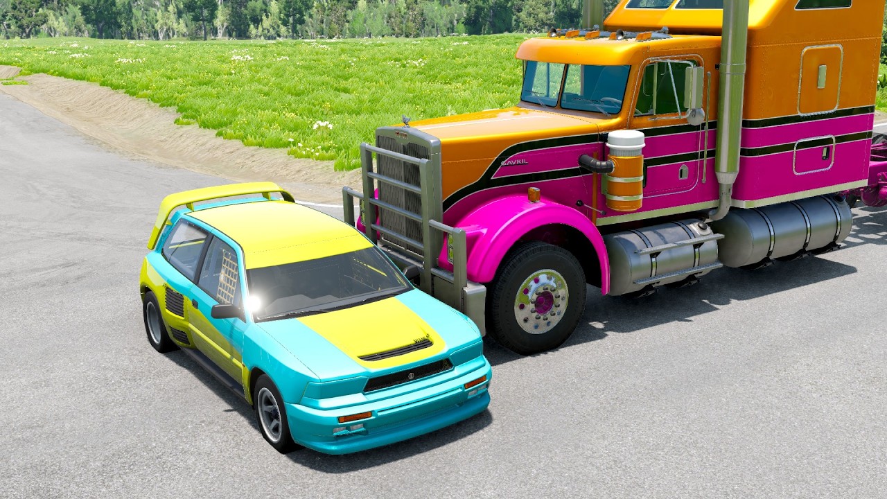 Double Flatbed Trailer Truck vs Speedbumps Train vs Cars | Tractor vs Train Beamng.Drive