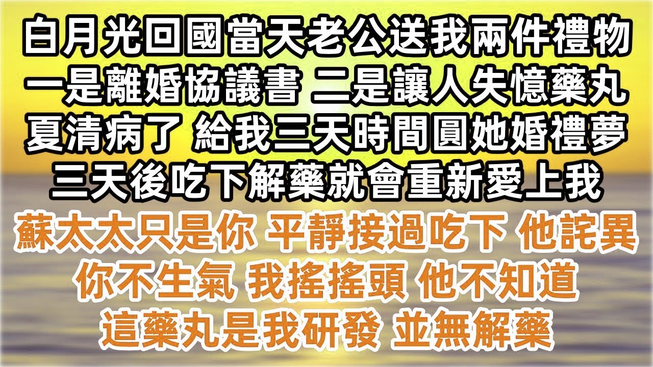 白月光回國老公送我兩件禮物 一是離婚協議書 二是失憶藥丸  夏清病了 給我三天時間圓她婚禮夢 三天後吃下解藥就會重新愛上我 平靜接過吃下 他詫異 你不生氣 我搖搖頭 他不知道這藥丸是我研發 並無解藥